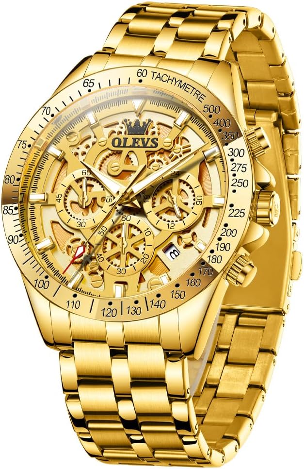 OLEVS Reloj para Hombres Esqueleto Negocio Vestir Acero Inoxidable Impermeable Luminoso Reloj de Pulsera para Hombres