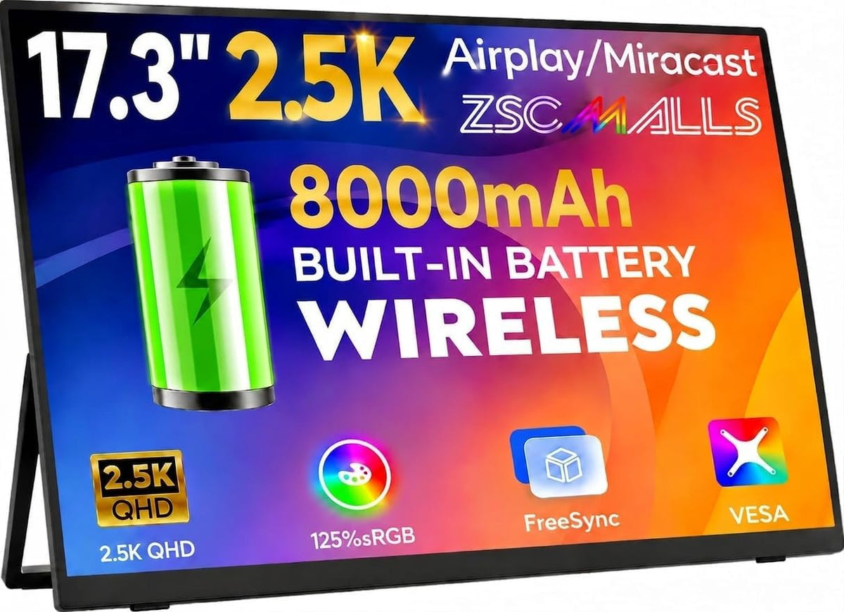 Monitor portátil inalámbrico de 17.3" 2.5K con batería integrada de 8000mAh 4H, AirPlay y Miracast, 2560x1400 IPS Matte HDR, 125% sRGB, 500 Nits, VESA, rotación automática para teléfono/tableta, USB C y Mini HDMI