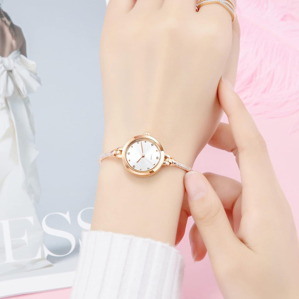 TOOCAT Reloj analógico de cuarzo para mujer, pulseras de metal, relojes de oro rosa con diamantes, reloj de pulsera de cuarzo impermeable para mujer