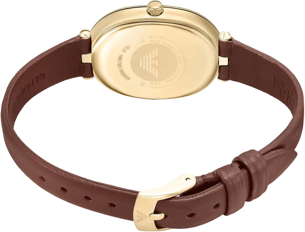 Emporio Armani Reloj de cuero marrón de dos manos para mujer (Modelo: AR11708)