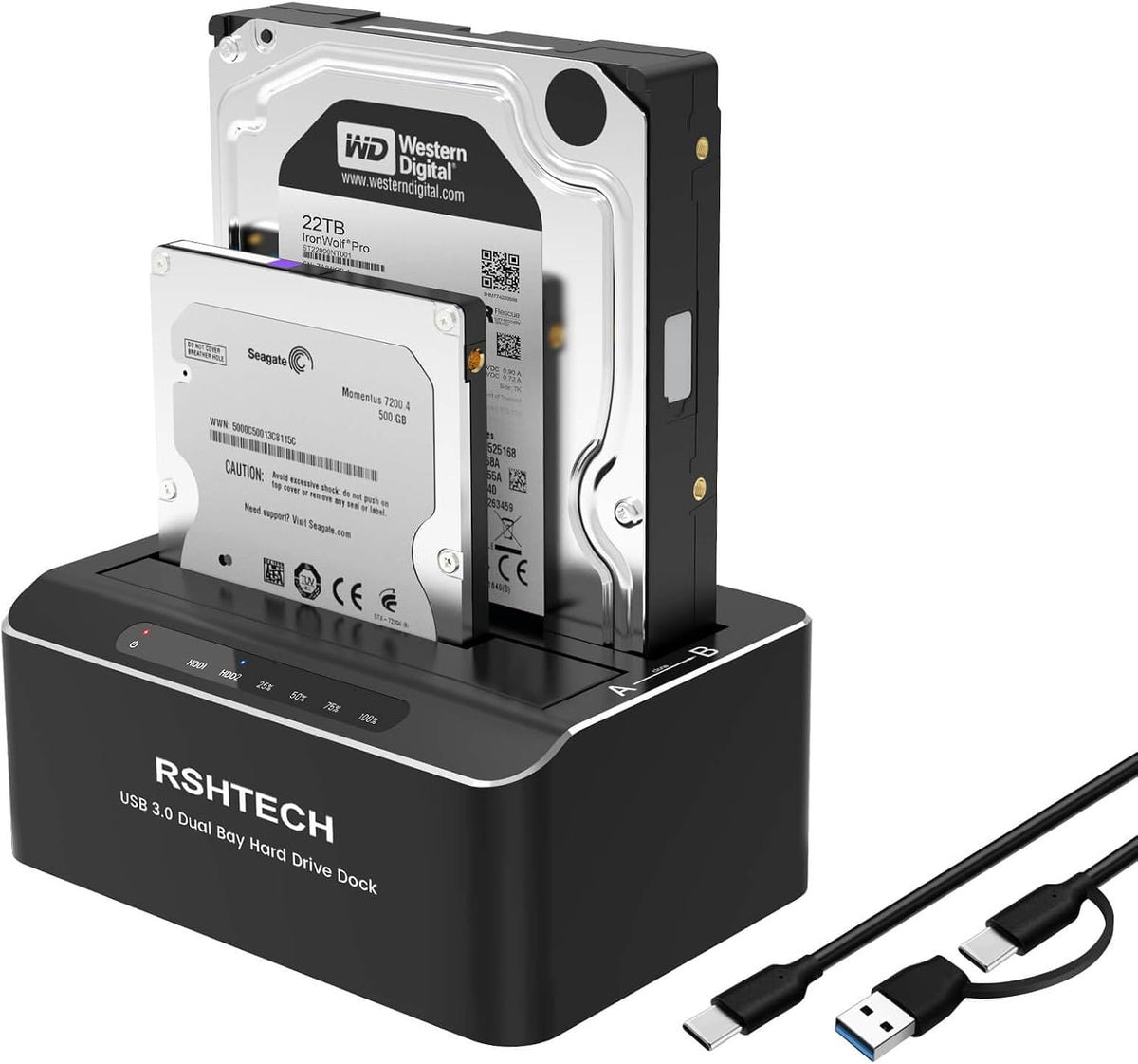 RSHTECH Estación de acoplamiento de disco duro de doble bahía USB-C/USB 3.0