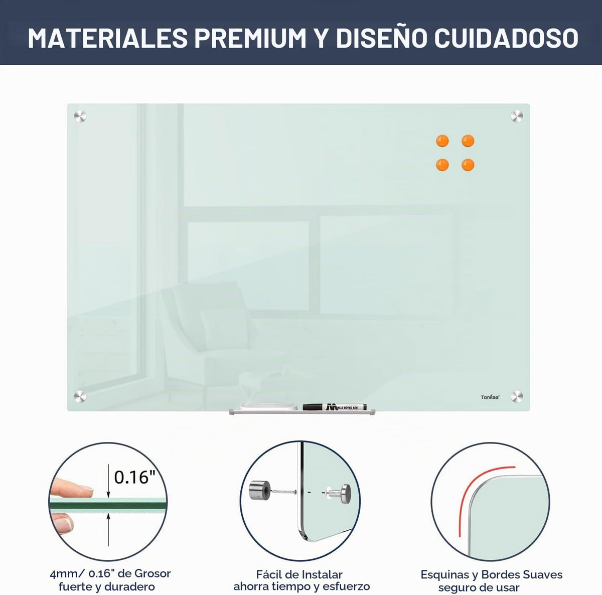 Pizarra blanca magnética de cristal de 36 x 24 pulgadas