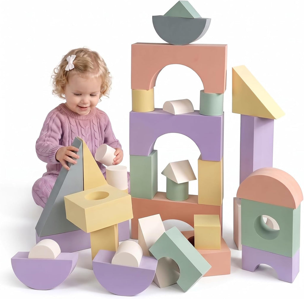 Bloques grandes de espuma de construcción para niños pequeños, juego de bloques de construcción de espuma EVA apilables, no tóxico, lavable, juguetes de construcción de aprendizaje temprano y regalos para niños y niñas (rosa, piezas, 30)