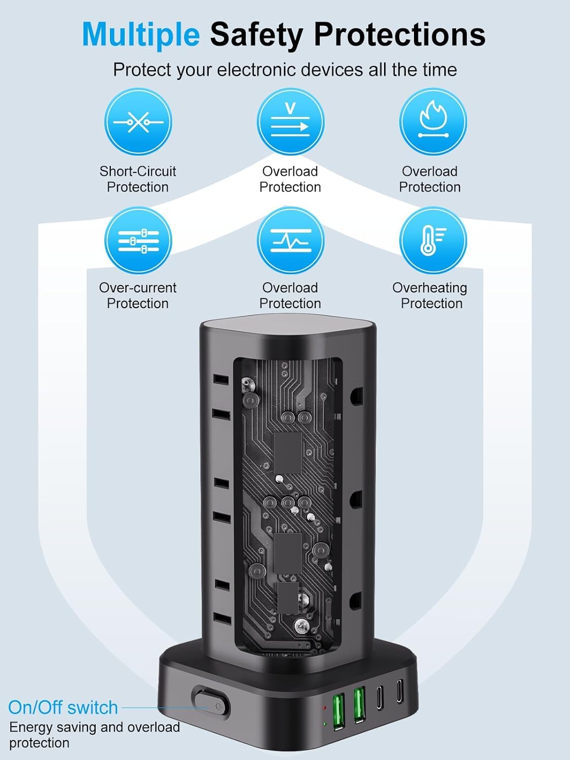 Regleta de alimentación de torre con múltiples salidas, protector de sobretensiones de enchufe plano, cable de extensión de torre con 12 tomas de CA, 4 puertos USB (2 USB C), cable de 6 pies