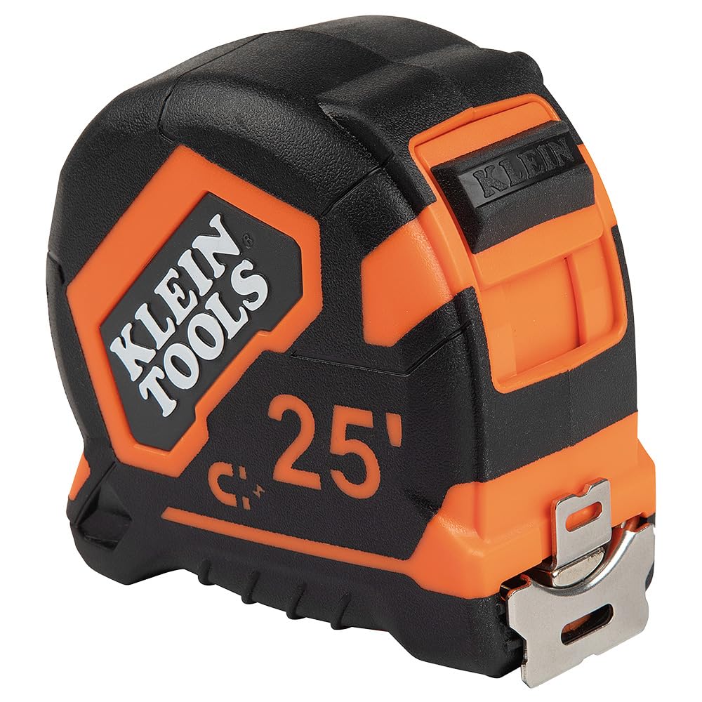 Klein Tools Cinta métrica 9225, cinta métrica resistente con hoja reforzada de nailon de doble cara de doble gancho de 25 pies, con clip de cinturón de metal