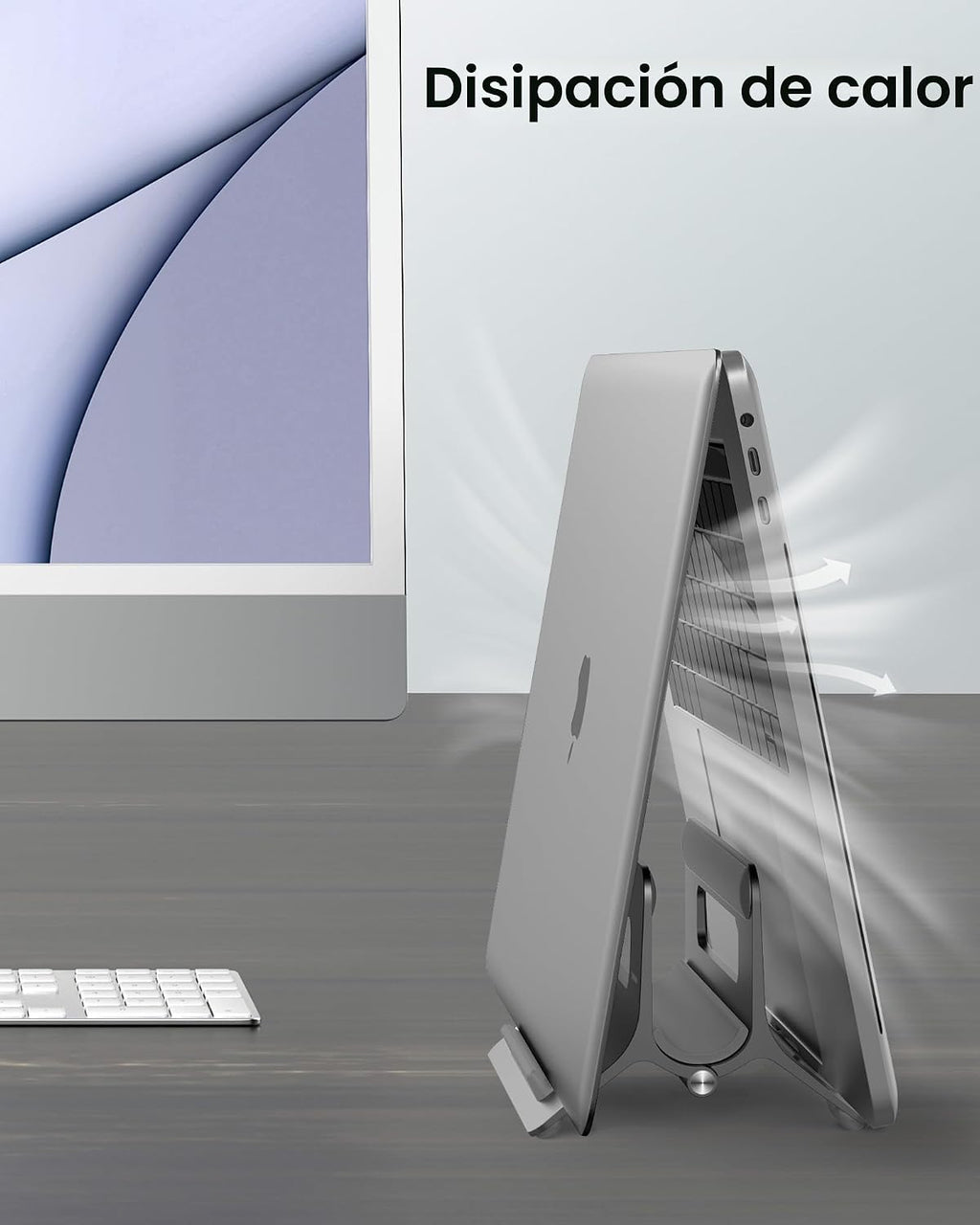 Soporte vertical para laptop para escritorio, soporte para MacBook con bloqueo automático por gravedad, soporte vertical de aluminio para laptop compatible con MacBook Pro, Air, tableta, ahorro de espacio, organiza el trabajo y la oficina en casa, gris