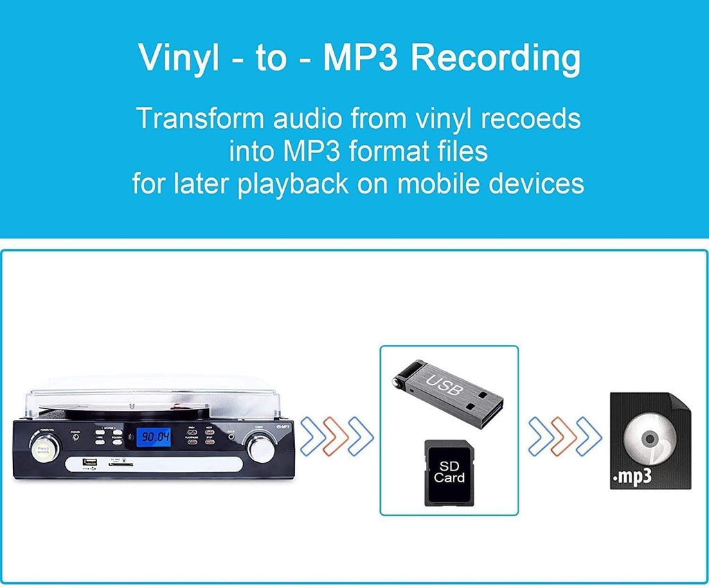 Tocadiscos Bluetooth 7 en 1 con altavoces estéreo, tocadiscos para vinilo a MP3 con reproducción de cassette, radio AM/FM, control remoto, codificación USB/SD, conector de salida de música de