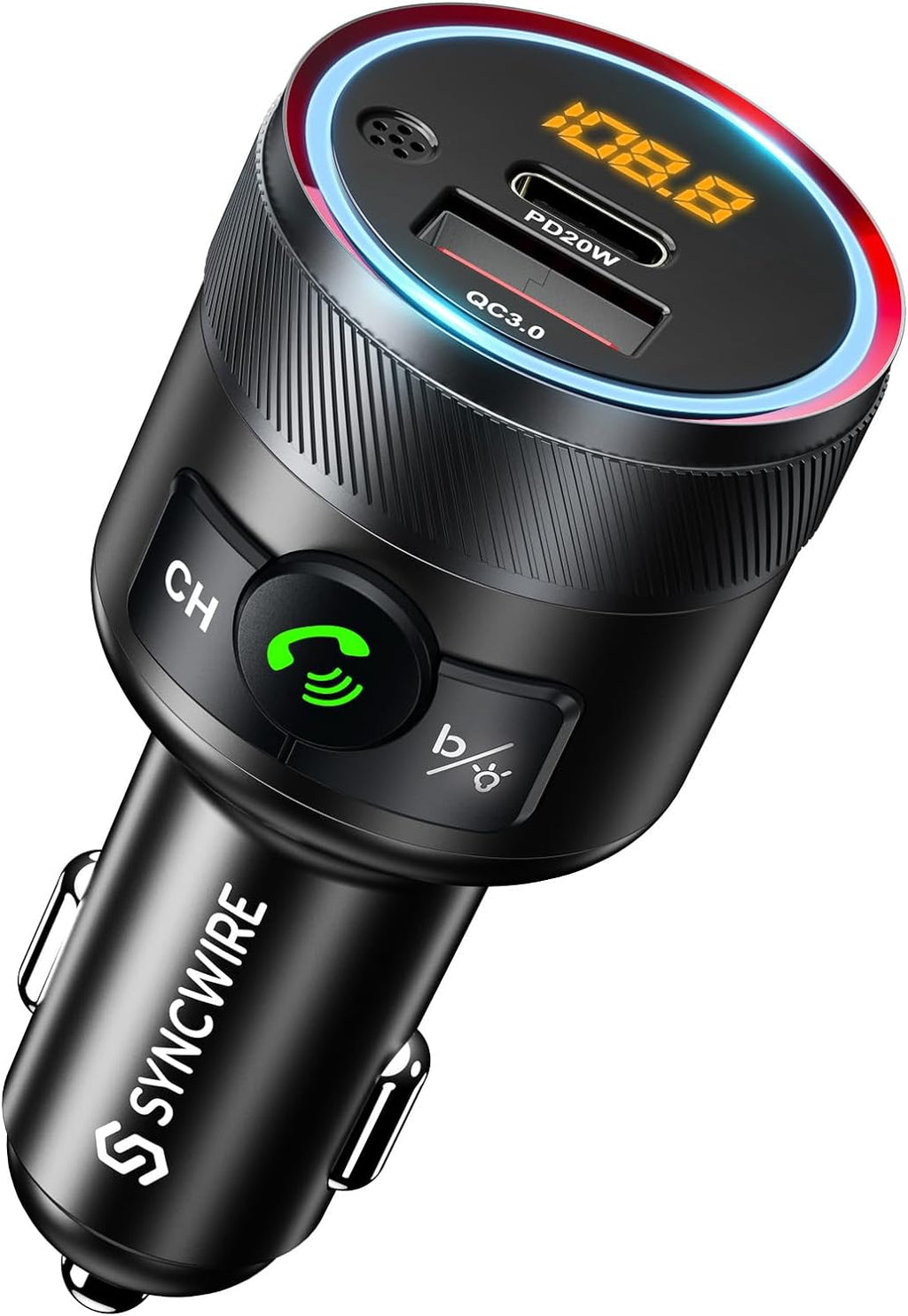 Syncwire Transmisor FM Bluetooth 5.4 para coche, 38 W PD y QC3.0 Dual USB Carga Bluetooth Adaptador de coche Micrófono y sonido de graves MP3 Reproductor de música FM Kit con llamadas manos libres