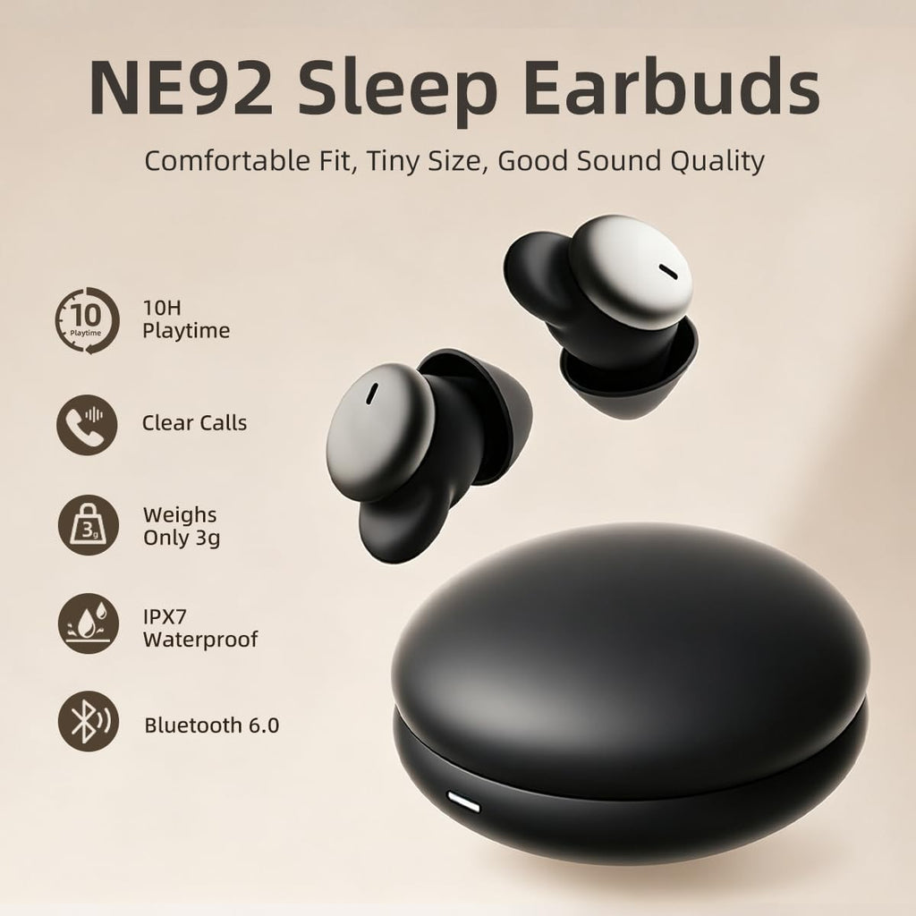 NE92 - Auriculares para dormir, ultra mini auriculares para dormir de lado 0.11 oz, auriculares inalámbricos Bluetooth 6.0, tiempo de reproducción de 40 horas, sonido estéreo de alta fidelidad