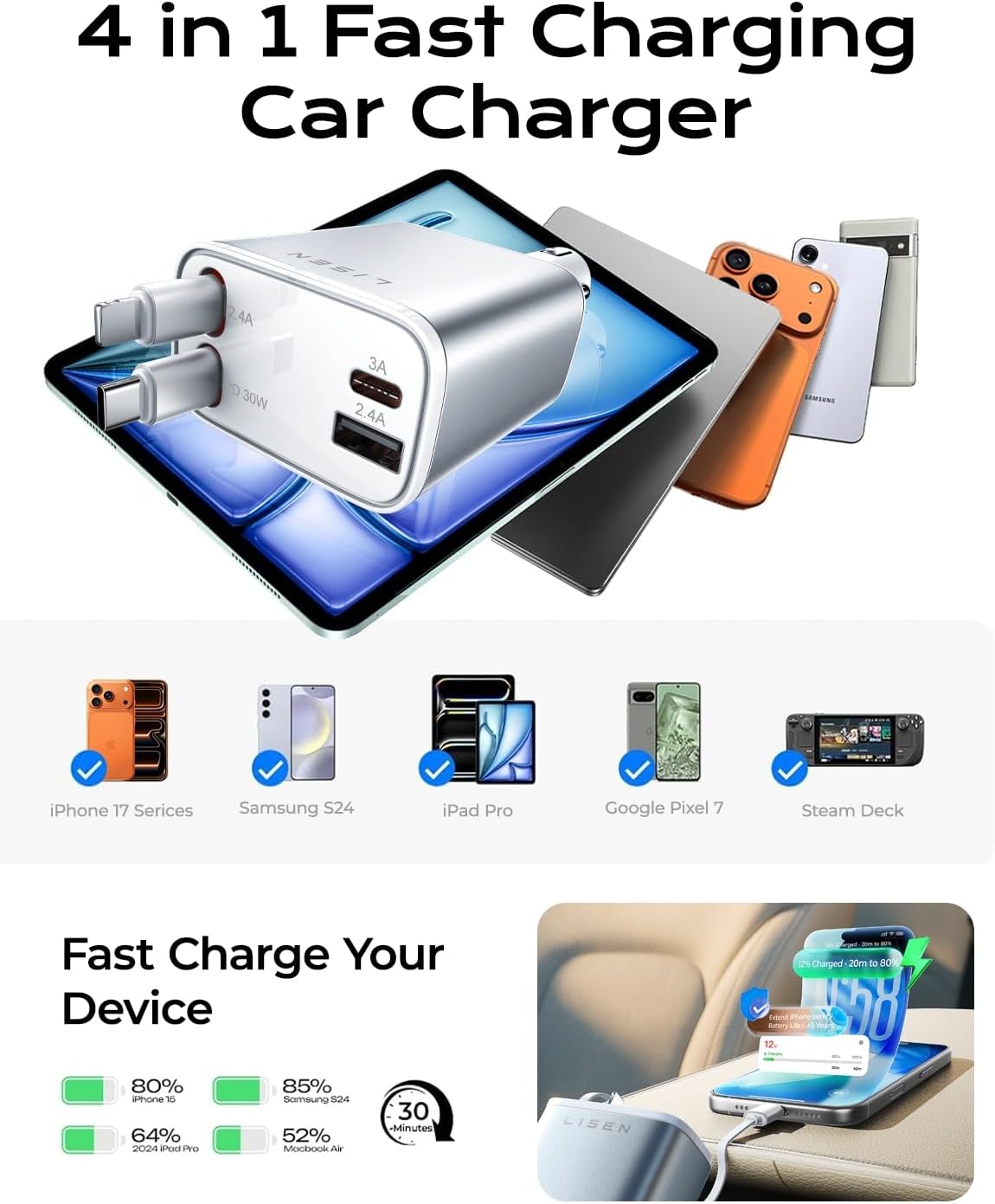 LISEN Cargador retráctil para automóvil [2 unidades, más largo de 6.6 pies y 3.3 pies] cargador de coche retráctil 4 en 1, bonitos accesorios de automóvil femeninos para mujeres y hombres, compatible