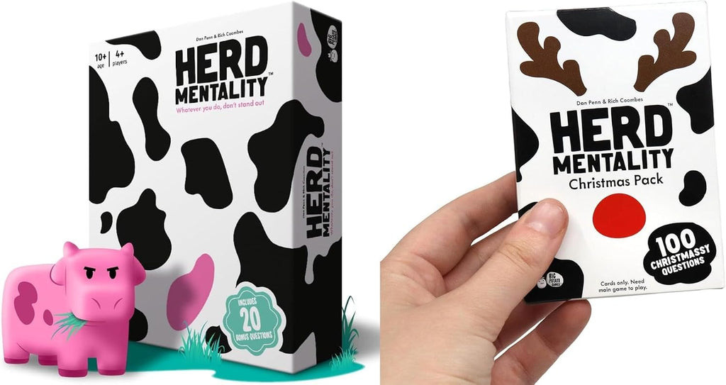 Paquete del Juego de Mesa Herd Mentality con Expansión Navideña | Divertido Juego de Fiesta Familiar para Adultos, Adolescentes y Niños | 4–20 Jugadores | Incluye 20 Preguntas Adicionales + 100
