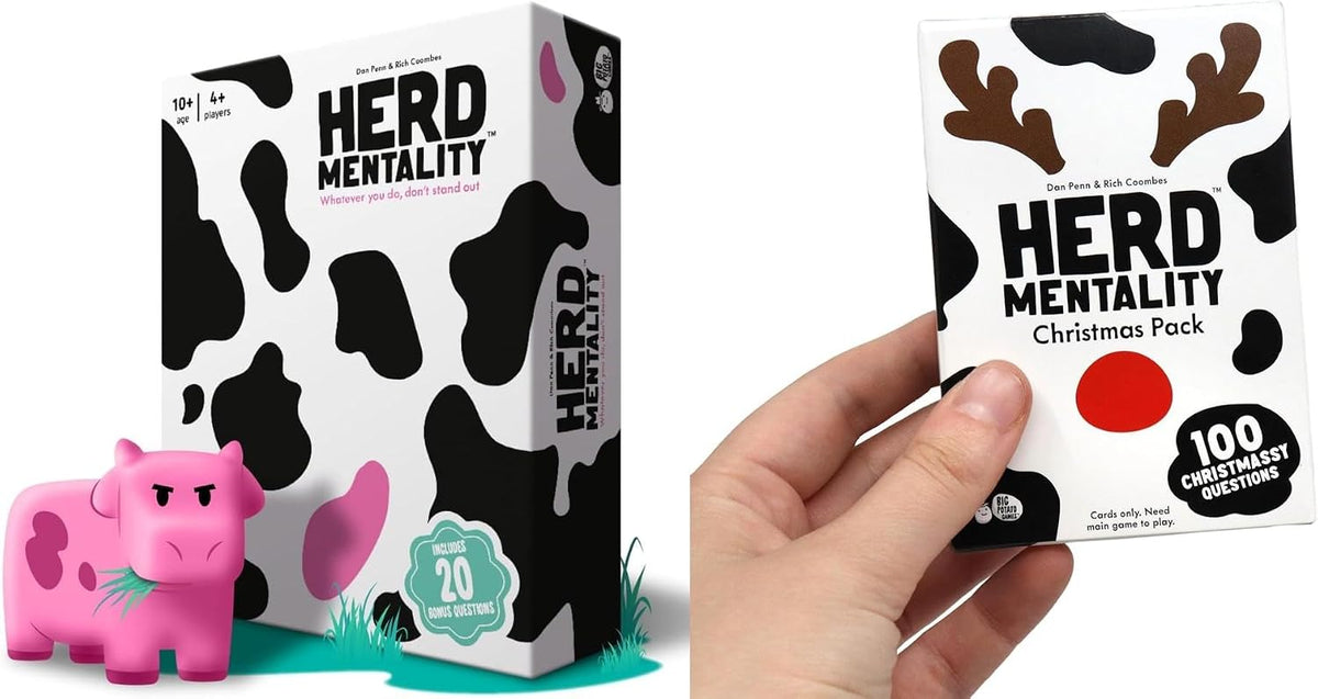 Paquete del Juego de Mesa Herd Mentality con Expansión Navideña | Divertido Juego de Fiesta Familiar para Adultos, Adolescentes y Niños | 4–20 Jugadores | Incluye 20 Preguntas Adicionales + 100