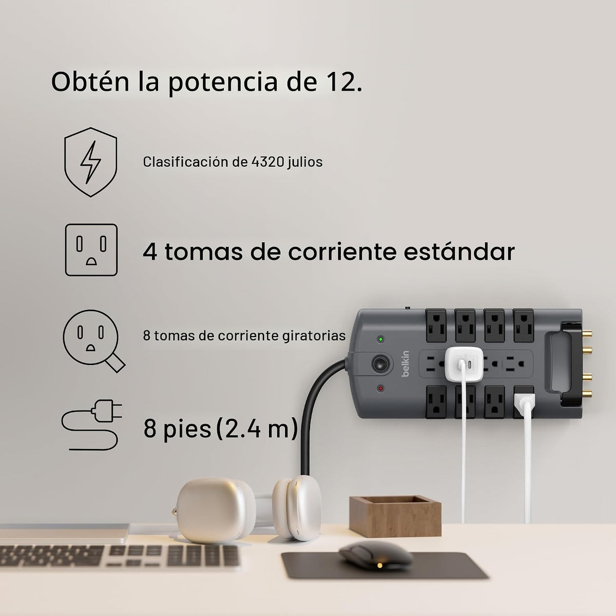 Regleta giratoria con protección contra sobretensión y protección para teléfono con cable de 6 pies de Belkin Estándar Gris