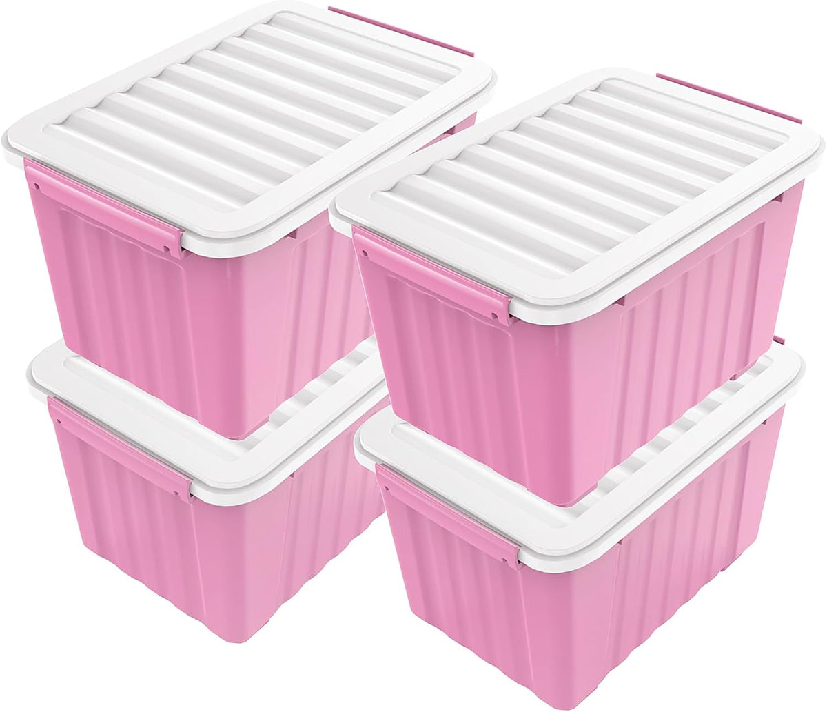 Nazhura Contenedor de almacenamiento de plástico, cajas de almacenamiento apilables y encajables con tapas blancas y hebillas de cierre seguras, contenedor de almacenamiento grande (rosa/blanco, 72