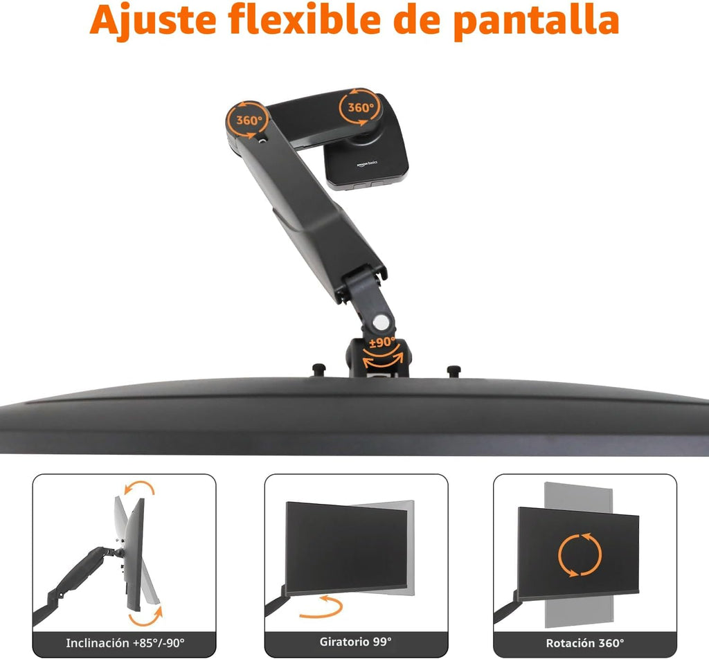 Amazon Basics Soporte de escritorio con brazo de monitor único con resorte de gas, tensión ajustable, se adapta a monitores de 15 a 27 pulgadas, soporta 4.4-15.4 libras, VESA 75x75/100x100, negro