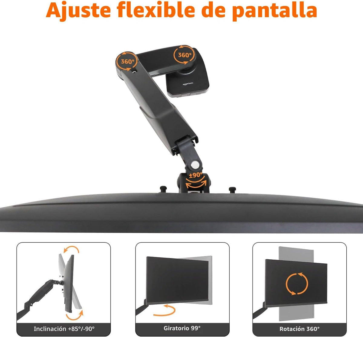 Amazon Basics Soporte de escritorio con brazo de monitor único con resorte de gas, tensión ajustable, se adapta a monitores de 15 a 27 pulgadas, soporta 4.4-15.4 libras, VESA 75x75/100x100, negro