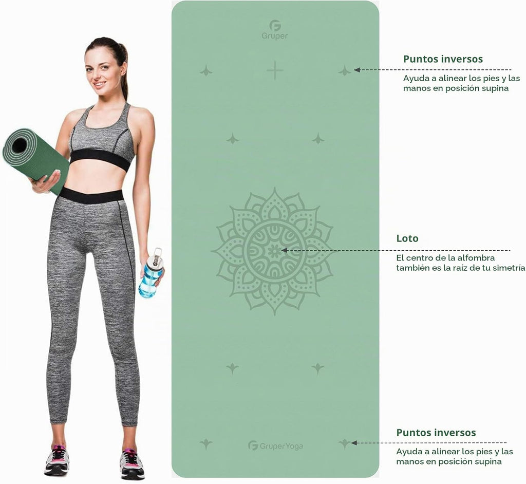 Esterilla de yoga antideslizante TPE Gruper extra ancha con marca de alineación, 72"L x 32"A x 0.32"/0.24"E (183cm x 80cm x 8mm/6mm), esterilla antideslizante para ejercicios con correa de transporte