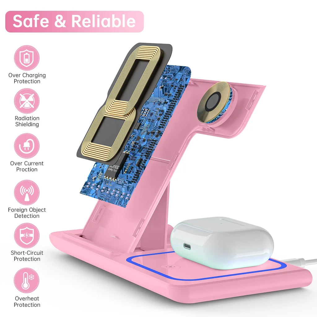 Wireless Charger, 18W 3 in 1 Wireless Charging Station for Iphone 16E 15 14 13 12 Pro XR XS, Fast Charing Stand for Iwatch 10/9/8/7/6/SE/5/4/3, Airpods 4/3/2/Pro, Samsung Galaxy S23 S22 S21 20(Pink)