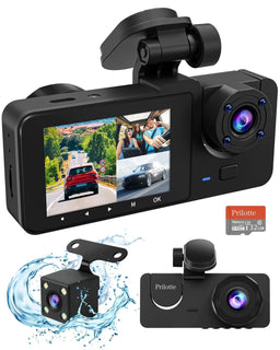 Cámara Dash para Auto, 1080P, 3 Canales Frontal y Trasero, Visión Nocturna, Monitor de Estacionamiento, Grabación en Bucle, con Tarjeta SD de 32GB