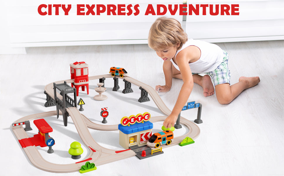 Juego de tren urbano para niños 55 piezas de tren