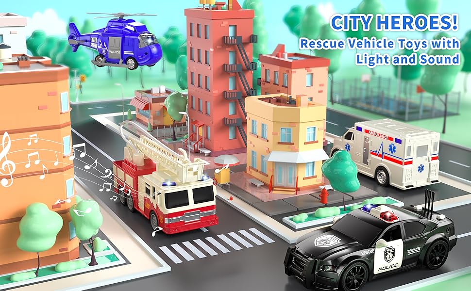 TEMI 4 Pack Juguetes de Vehículos de Emergencia para Niños