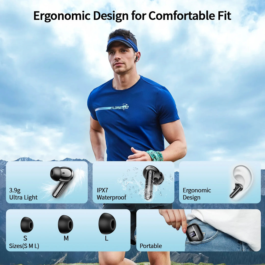 Wireless Bluetooth Earbuds, Noise Cancelling Headphones with Deep Bass Stereo, 38H Playtime, LED Display, Waterproof in Ear Buds Earphone with Mic for Iphone Android Sports Workout, Black