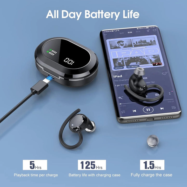 Ultralight Bluetooth Headphones Wireless Earbuds 125Hrs Sport Earphones with LED Display, Noise Cancelling Headphones with Earhooks Built-In Mic, IPX7 Waterproof Headset for Workout, Black