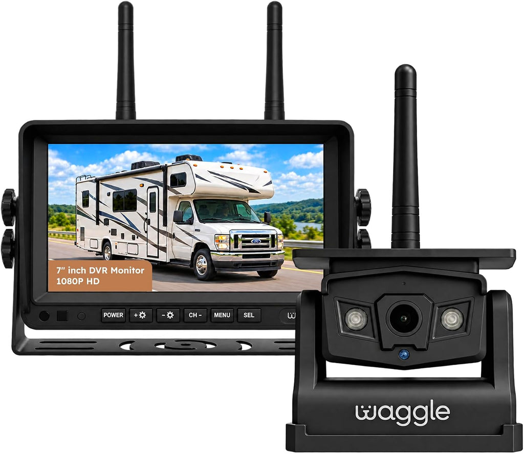 Waggle Sistema de observación de RV, pantalla DVR inalámbrica de 7 pulgadas, cámara de respaldo 1080P con panel solar integrado, batería recargable de 9600 mAh, carga USB-C, impermeable IP67, visión