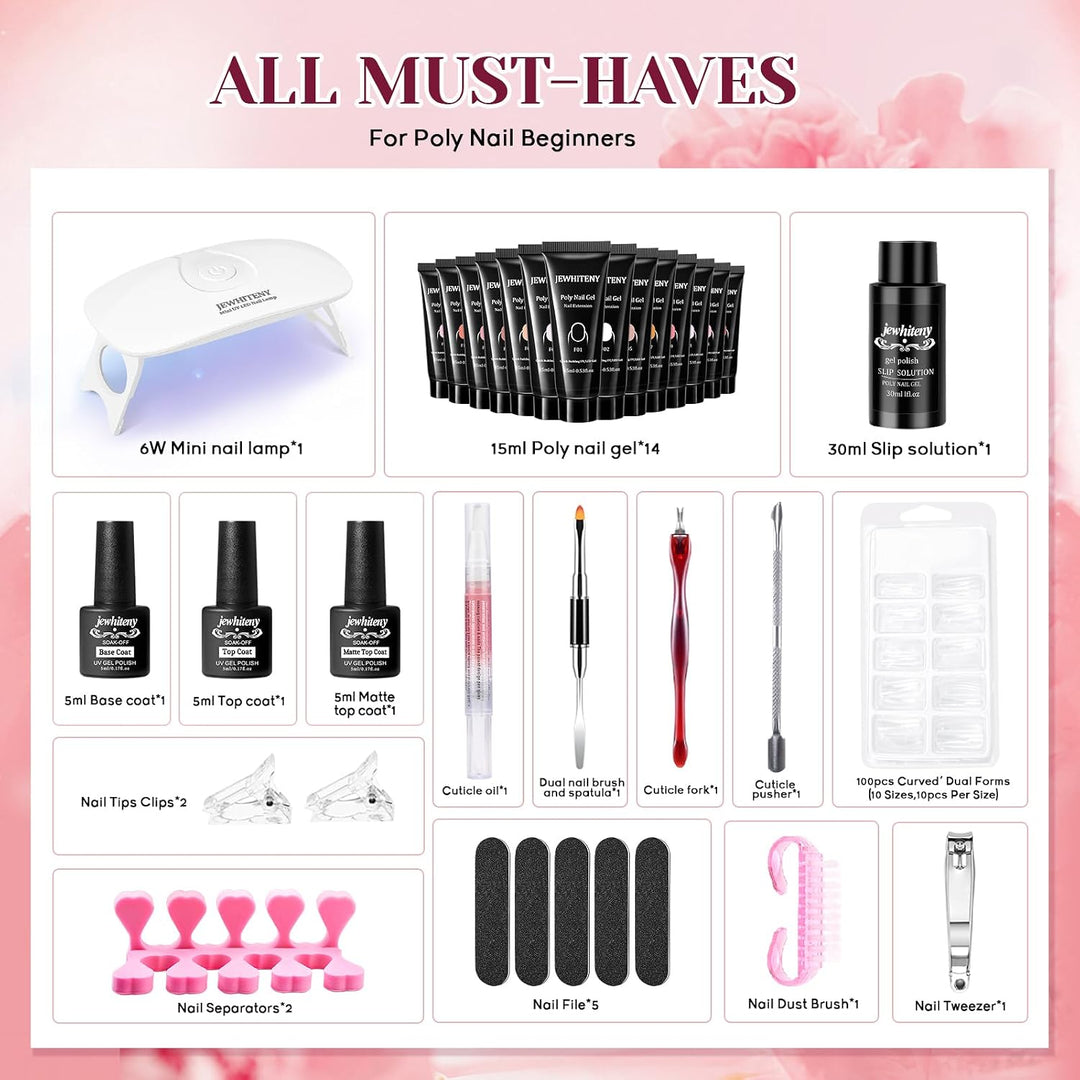 JEWHITENY Kit de 14 piezas de gel de uñas poli, kit de gel de exten...
