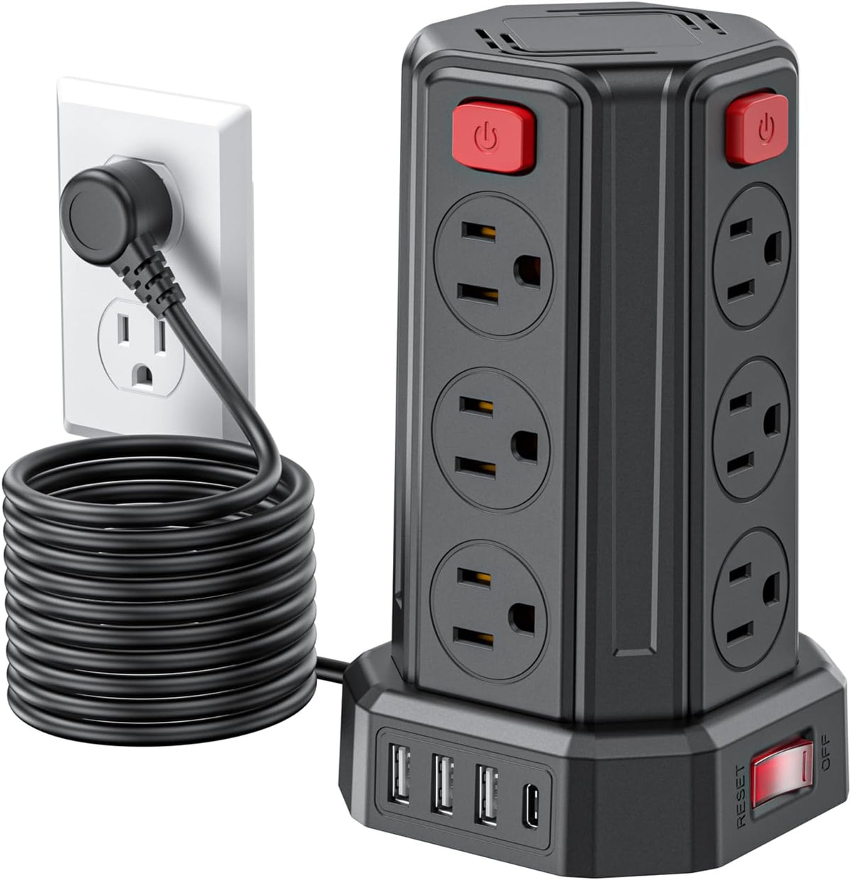 SMALLRT - Cable de extensión de 10 pies con 12 tomas de corriente alterna múltiples, 4 USB (1 USB C), estación de carga de escritorio SMALLRT para hogar, oficina, universidad, dormitorio esencial