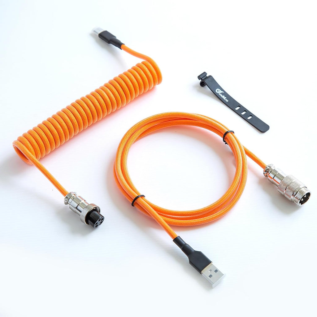Pro Custom - Cable USB C en espiral para teclado mecánico de videojuegos, cable con doble manga y conector extraíble tipo aviación, 5 pies, USB-C a USB-A, naranja brillante