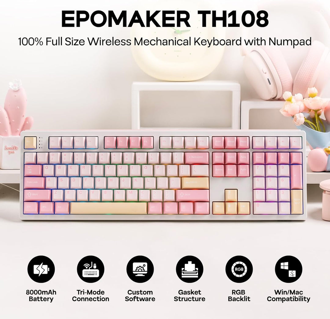 EPOMAKER TH108 Teclado mecánico de tamaño completo, teclado inalámb...