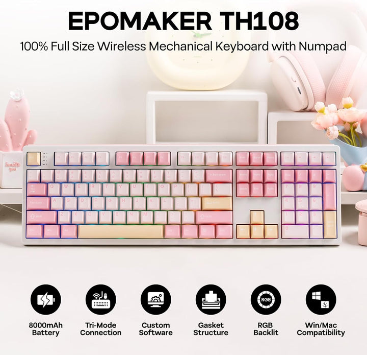 EPOMAKER TH108 Teclado mecánico de tamaño completo, teclado inalámb...
