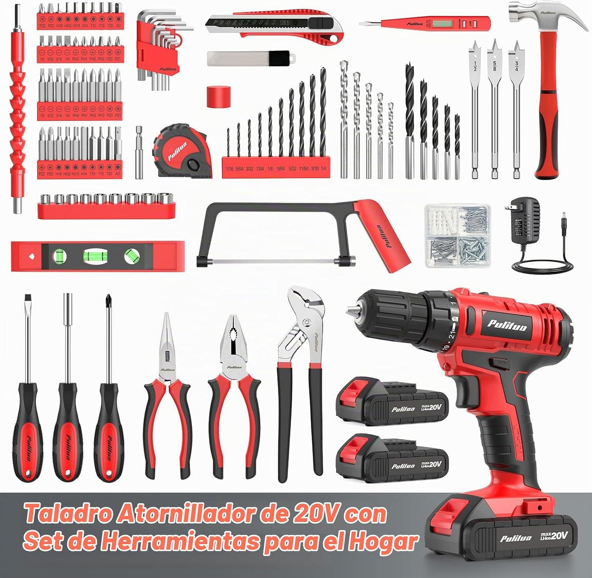 PULITUO Kit de herramientas de taladro eléctrico con taladro/destornillador inalámbrico de 20 V, destornillador eléctrico, 2 baterías y cargador, luz LED, juego de herramientas de bricolaje rosa para