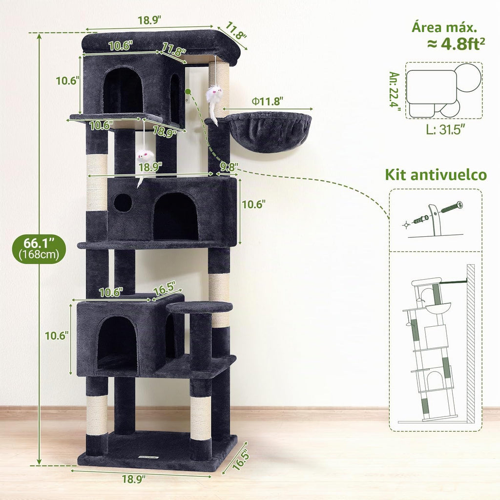 Globlazer Árbol de gato de esquina de 66 pulgadas, torre de escalada de varios niveles para gatitos, condominios para gatos, torre de rascado para gatos de interior para varios gatos con plataforma