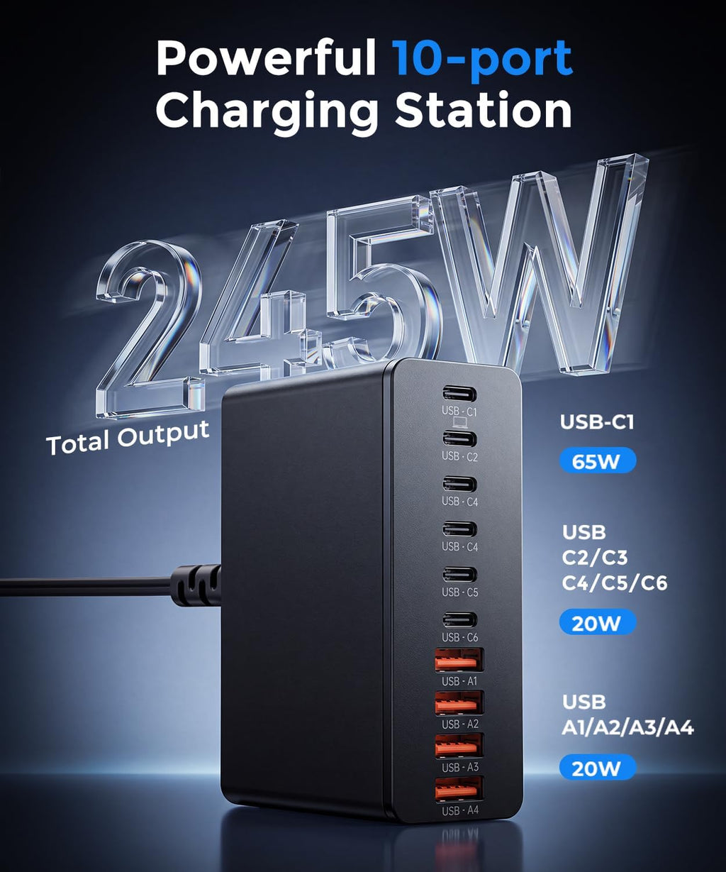 Estación de carga USB C Roruite de 10 puertos con 4 cables, bloque de