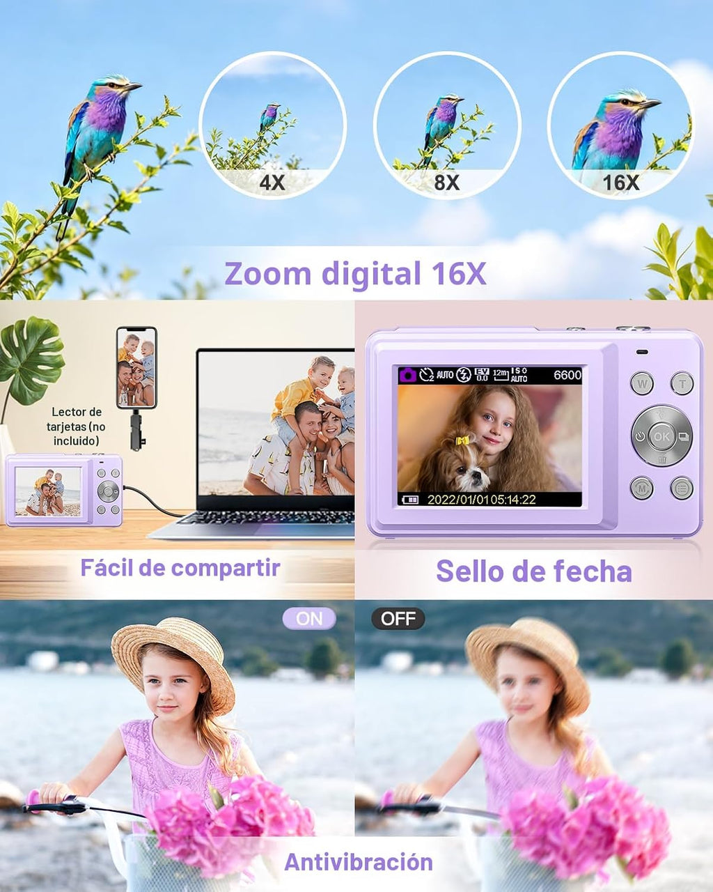 Cámara digital, FHD 1080P - Cámara de apuntar y disparar para niños, Púrpura