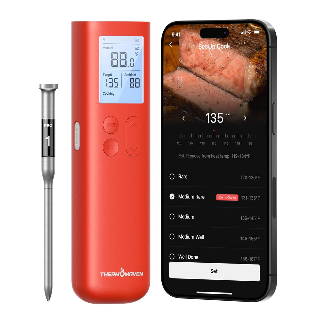 ThermoMaven - Termómetro inalámbrico inteligente para carne con Bluetooth, señal Sub-1G mejorada 10 veces y estabilidad, base de pantalla independiente, precisión certificada ±0.5°F, alcance WiFi