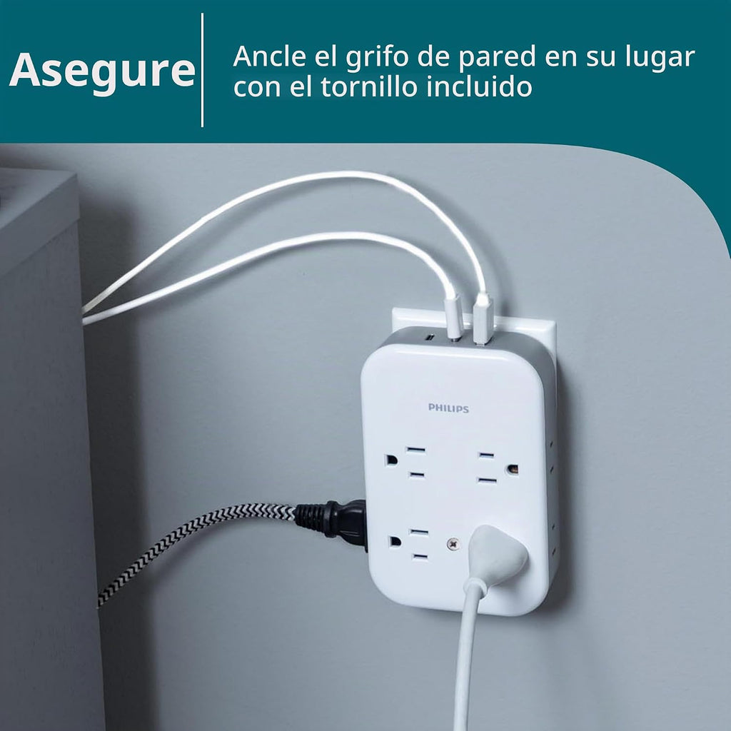 Philips Enchufe contra sobretensiones todo en uno con USB, 4 tomas con conexión a tierra y 4 tomas polarizadas, 2 puertos USB-C y 1 puerto USB-A, 15W compartidos, 1140 julios, certificado ETL, blanco