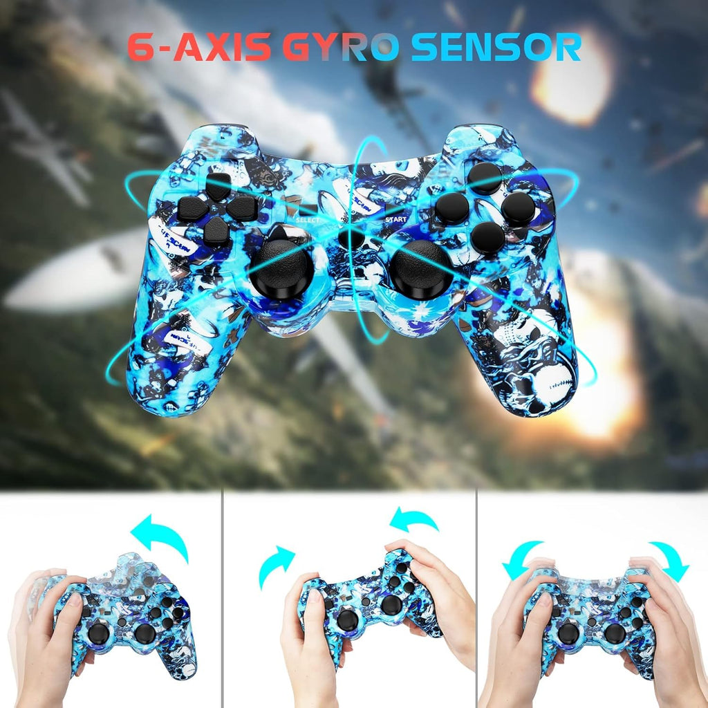 CHENGDAO Controlador para PS3 2 Pack Controladores Inalámbricos para PlayStation 3 6-Axis con Doble Vibración de Alto Rendimiento, Control de Movimiento, Cable de Carga USB (Calavera + Azul)