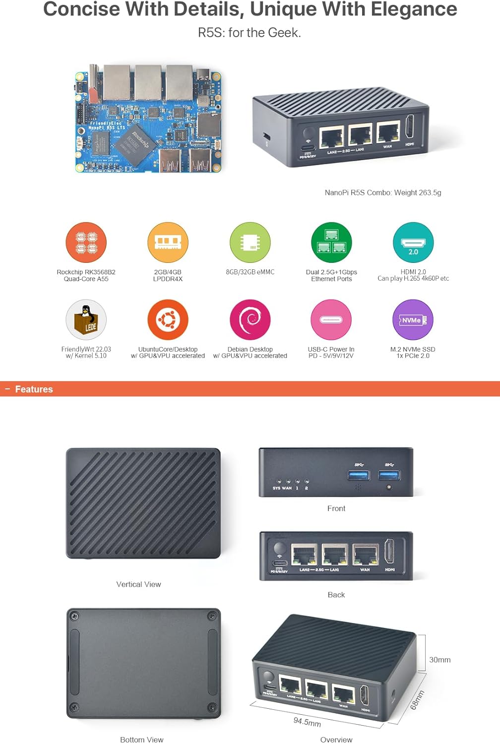 Nanopi R5S-LTS Mini Router OpenWrt, con Rockchip RK3568B2 LPDDR4X 4...