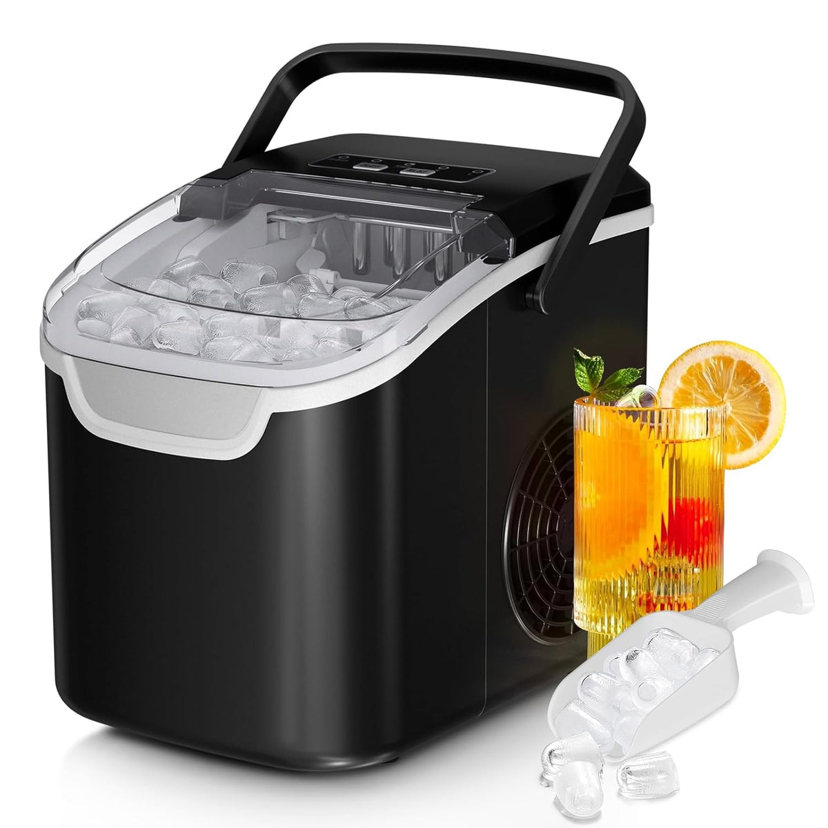 Máquina para hacer hielo para encimera, 8 cubos de hielo en 6 minutos, 26 libras/día de hielo con 2 tamaños - mini portátil, ahorro de energía y cesta/pala para el hogar/fiesta/viajes/campamento/bar