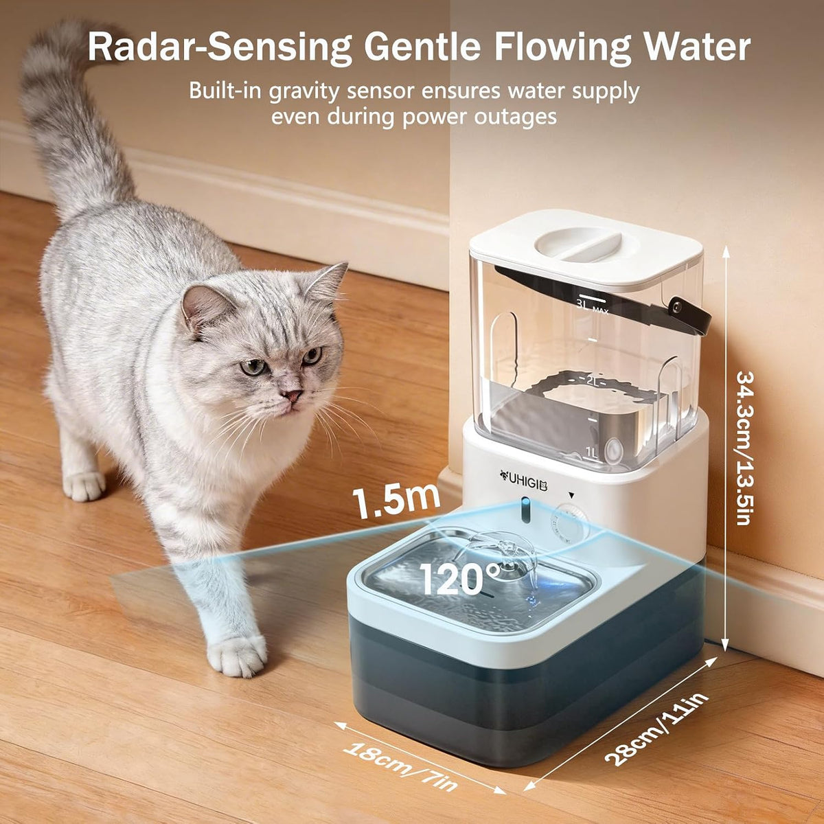 Fuente de agua inalámbrica para gatos 3L, separación de aguas residuales