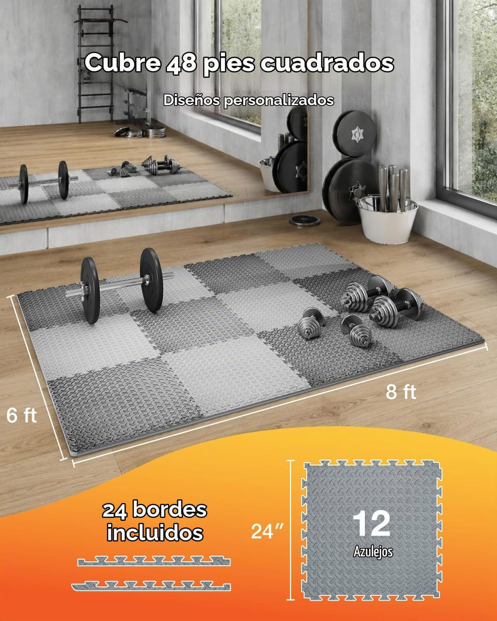 AIRHOP Alfombrillas de espuma EVA de alta densidad mejoradas de 0.79 pulgadas, extra gruesas, 48 pies cuadrados, 12 piezas grandes entrelazadas (24 x 24 pulgadas) para gimnasio en casa