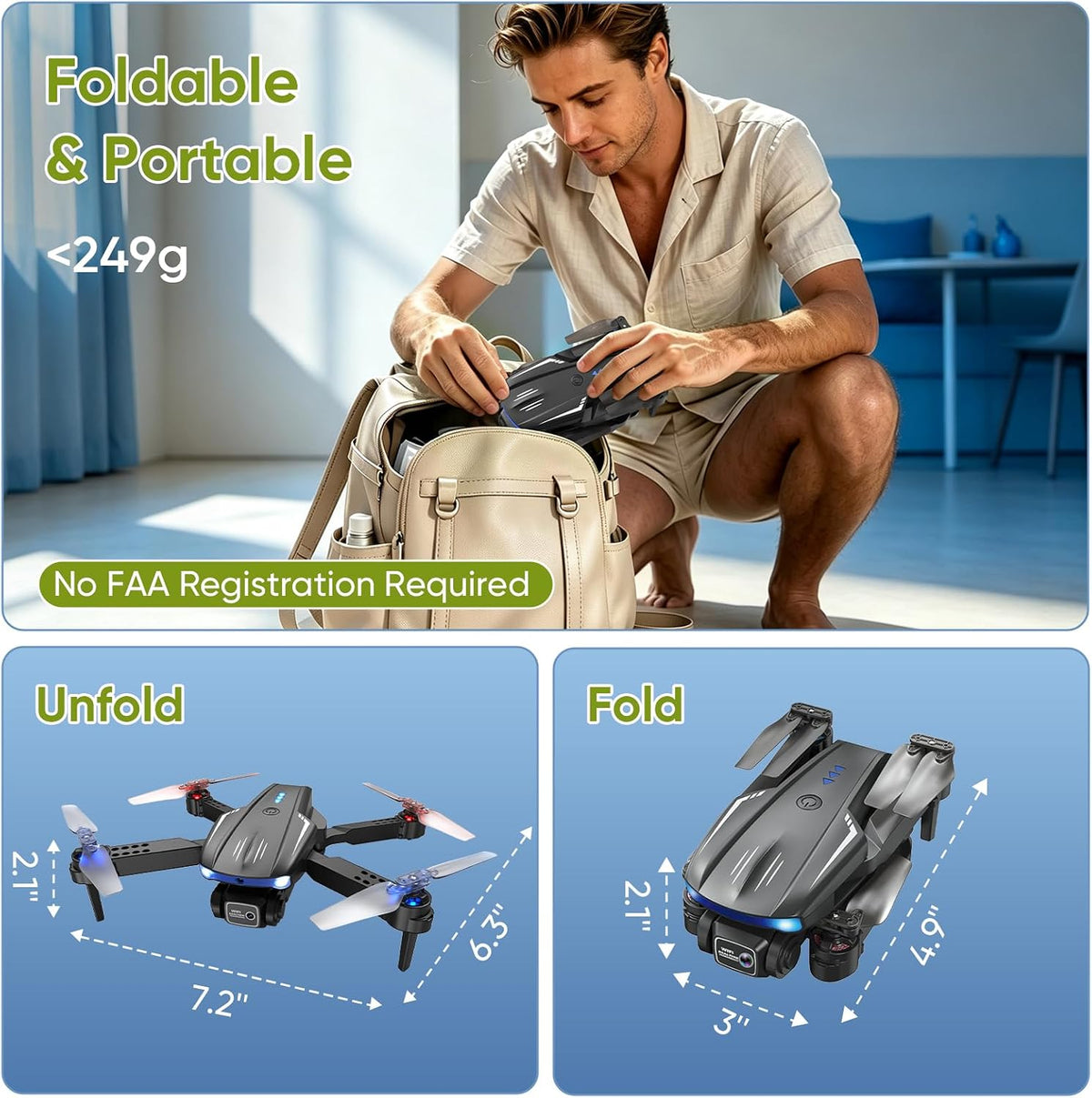 Dron con cámara 1080P para niños, adultos y principiantes, mini dron plegable, cuadricóptero RC con 2 baterías, despegue y aterrizaje con una tecla, giro de 360°, control de gestos, regalo de juguete
