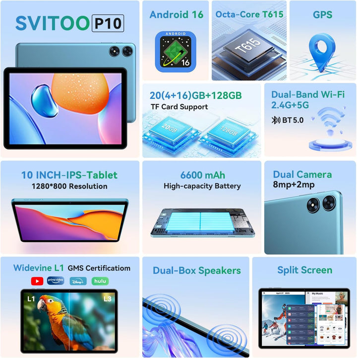 SVITOO Tablet Android de 10 pulgadas, tableta Android 16 para niños...