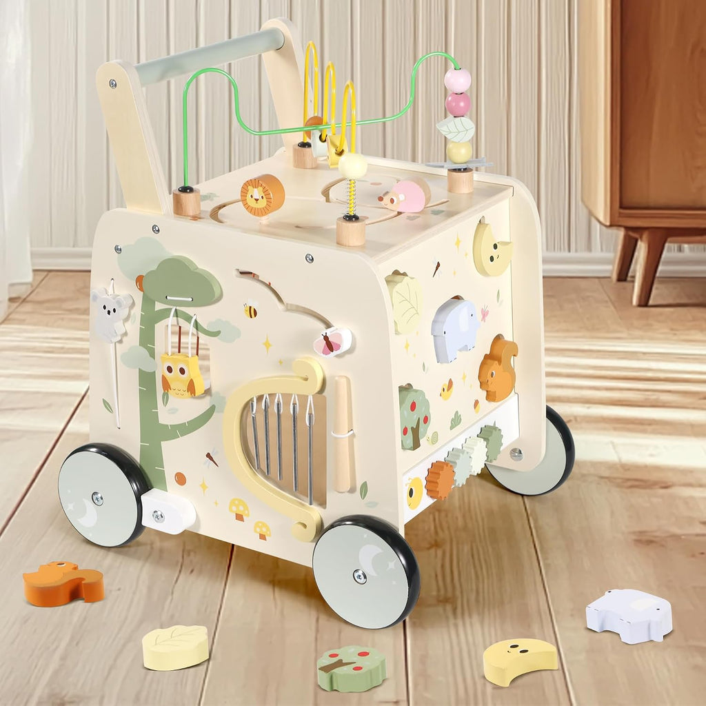 Andador de Actividad de Madera con Cubo, Andador de Madera para Bebés, Juguetes de Empuje Montessori para Bebés que Aprenden a Caminar y a Sentarse y Pararse