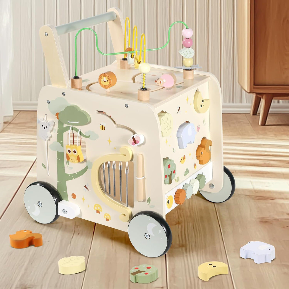 Andador de Actividad de Madera con Cubo, Andador de Madera para Bebés, Juguetes de Empuje Montessori para Bebés que Aprenden a Caminar y a Sentarse y Pararse