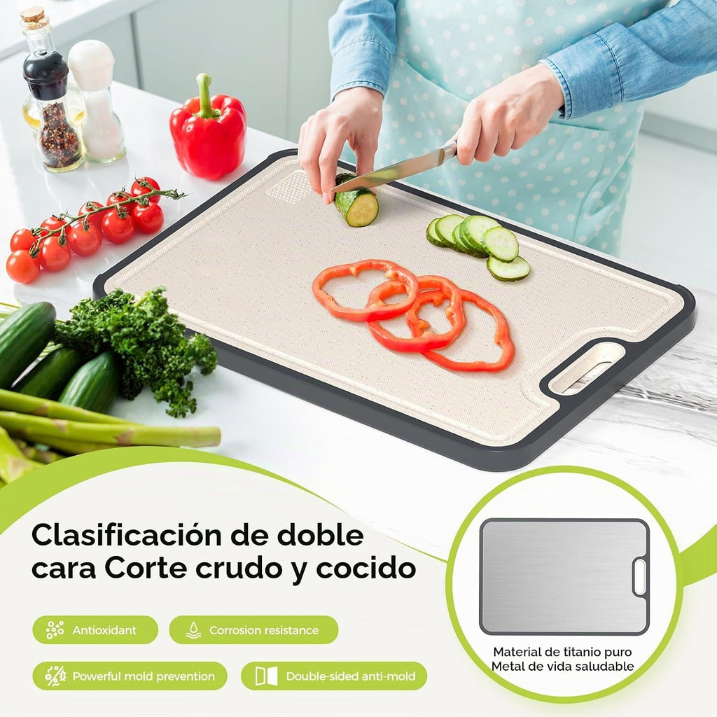 Tabla de cortar de titanio, titanio puro/polipropileno de doble cara de grado alimenticio, tabla de cortar para cocina, fácil de limpiar, tamaño grande [18 x 12.5 + 15.5 x 10.5 + 12 x 8.5 pulgadas]