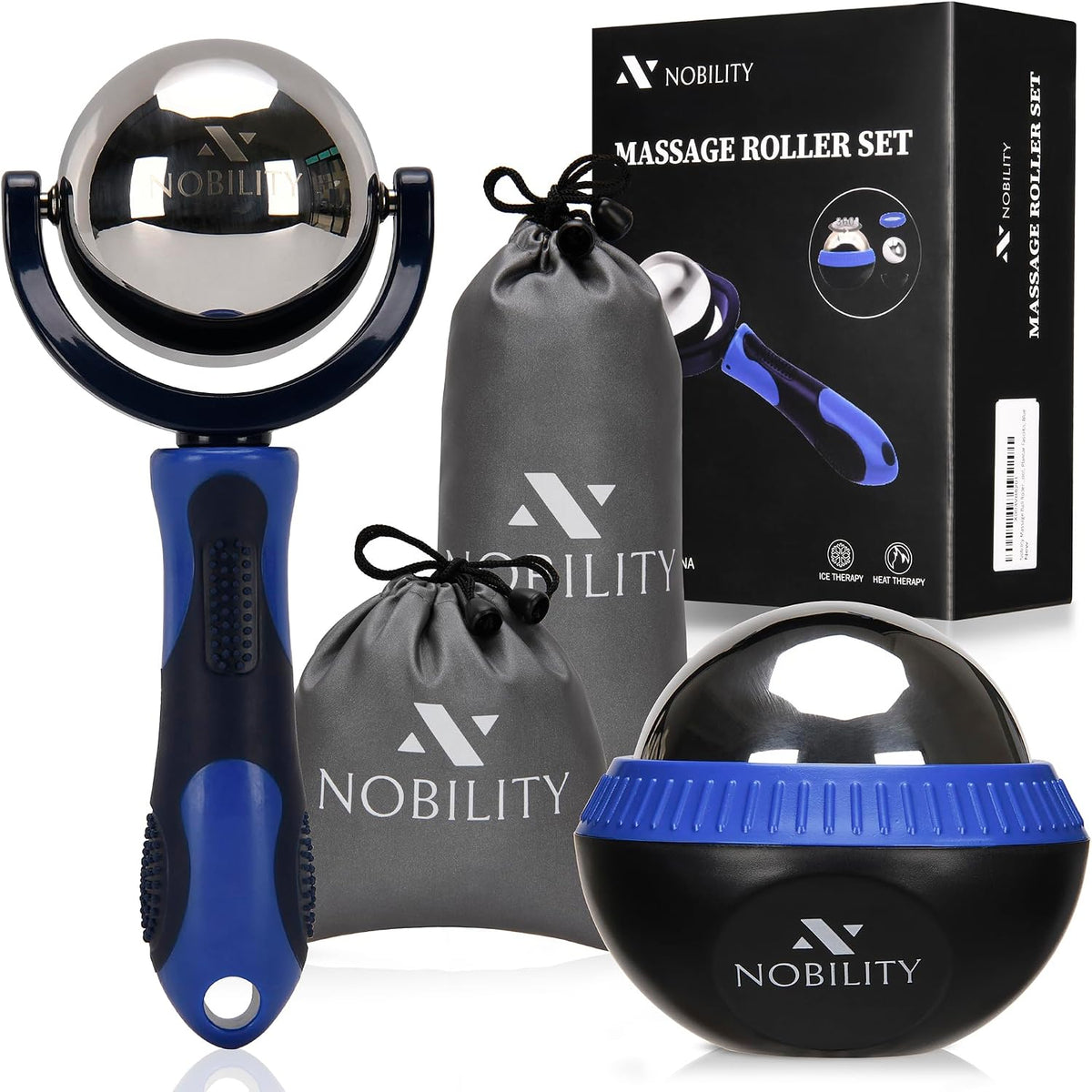 Nobility Rodillo de Bola de Masaje – Frío como el Hielo y Caliente para Alivio de Tejidos Profundos y Músculos Adoloridos de Rigidez y Estrés, Cuerpo, Cuello, Espalda, Pie, Plantar (Azul)